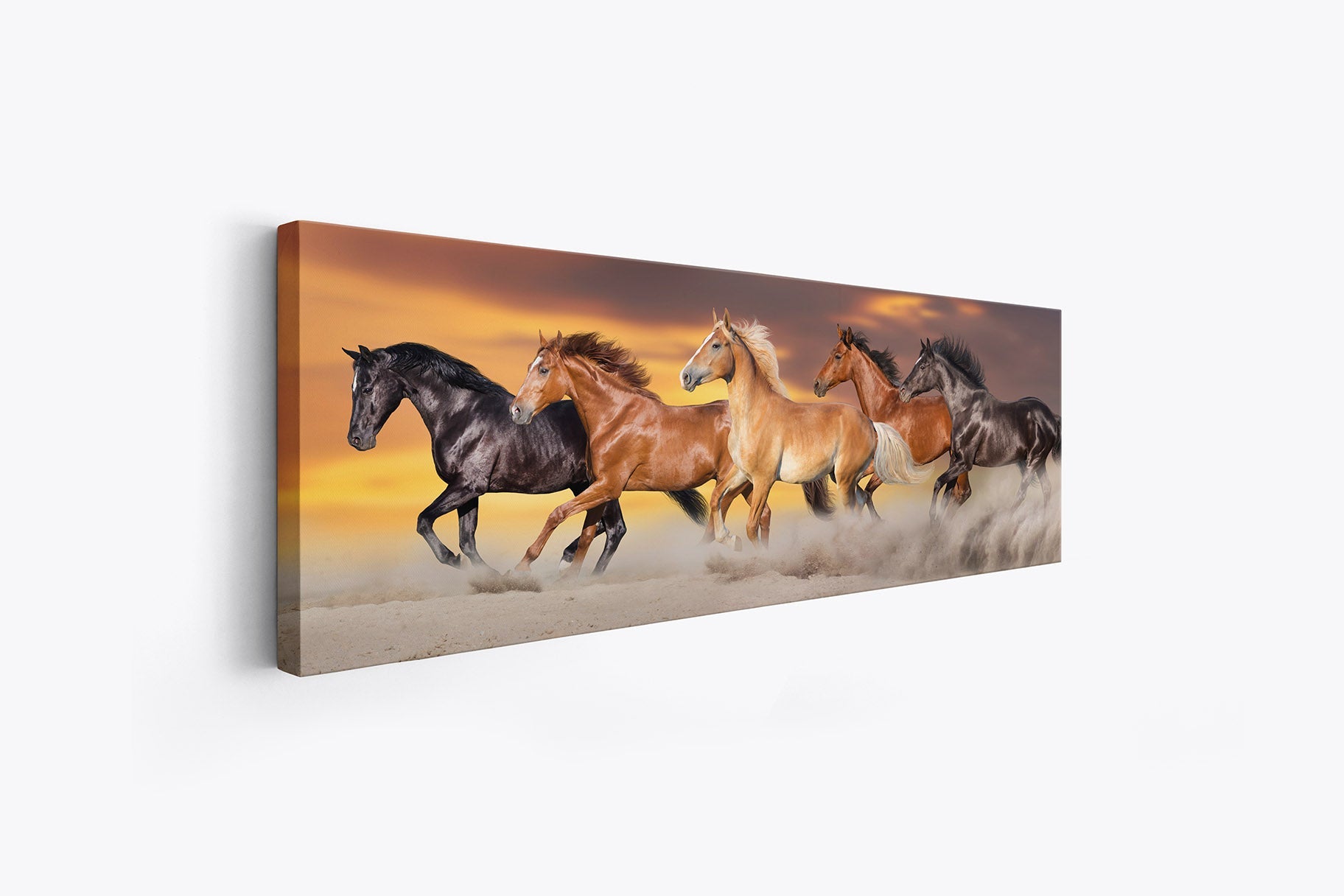 Team of Five Horses- Wildlife Canvas Art - Gold varnish-1