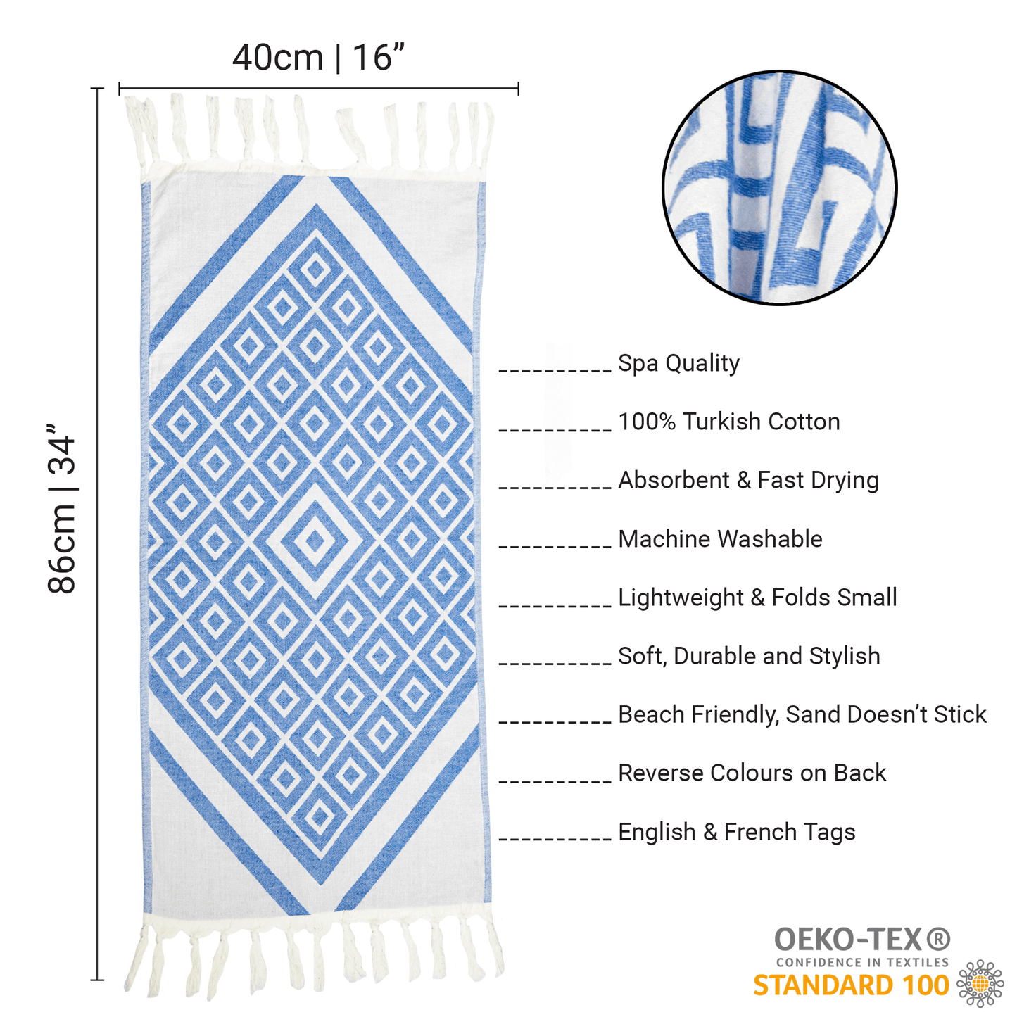 Turkish Towel | Hand Towel | Blue + White-4