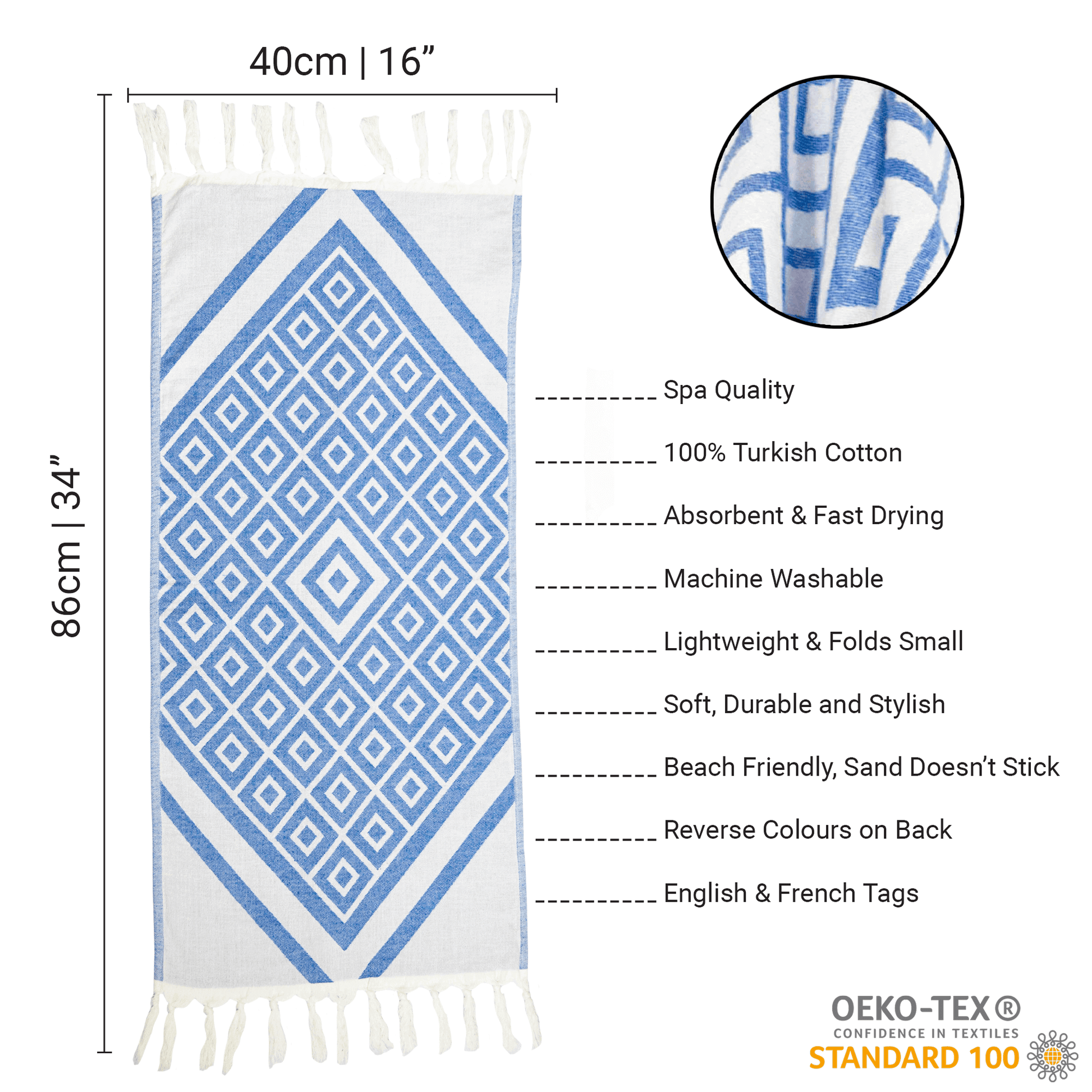 Turkish Towel | Hand Towel | Blue + White-4